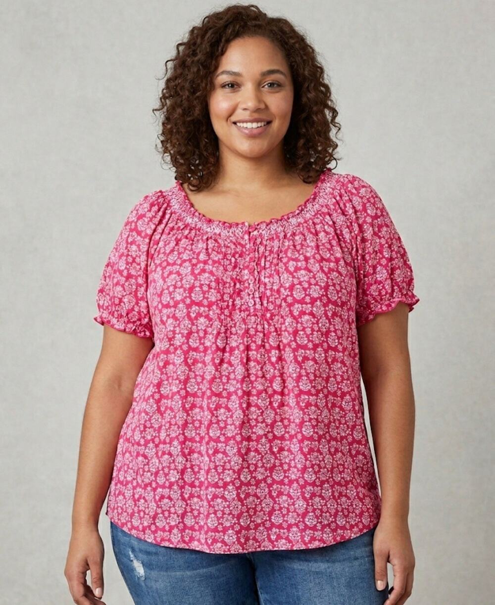 Faded Glory Shirt Women’s Short Sleeve Peasant Boho Floral Pullover Size 3XL